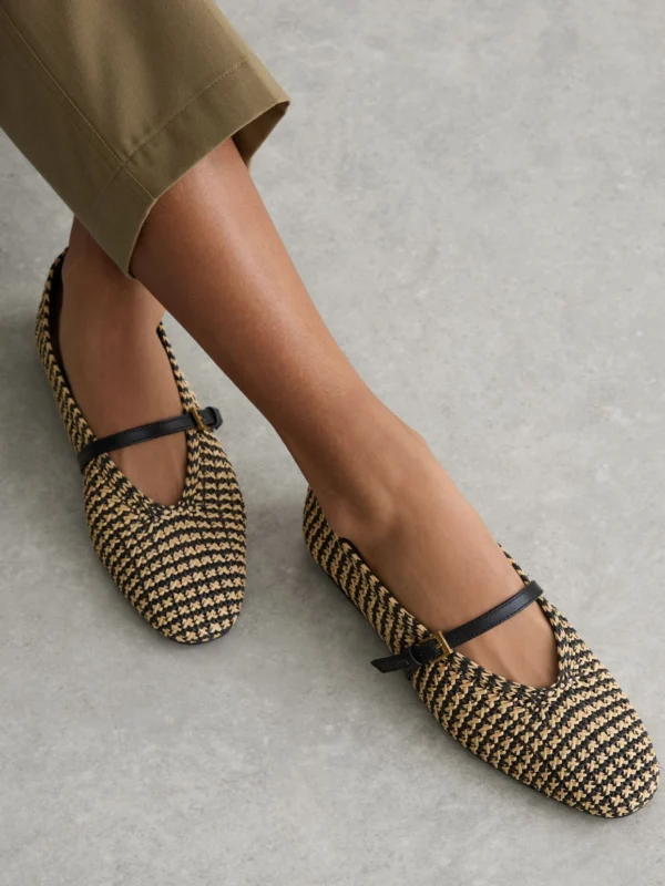 Reiss Natural & Black Raffia-effect Stripe Ballet Flats