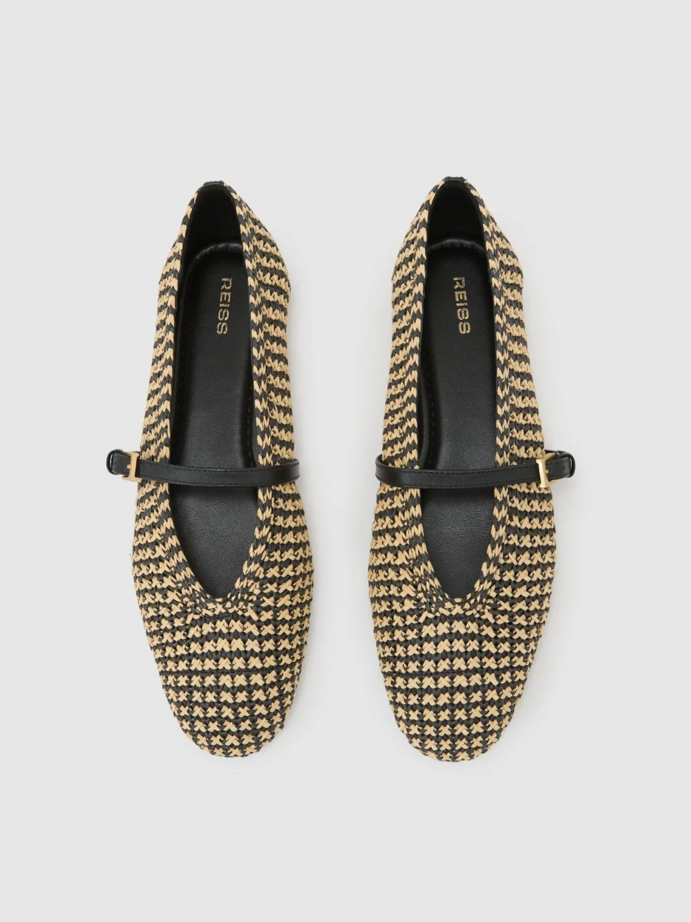 Reiss Natural & Black Raffia-effect Stripe Ballet Flats, view 3