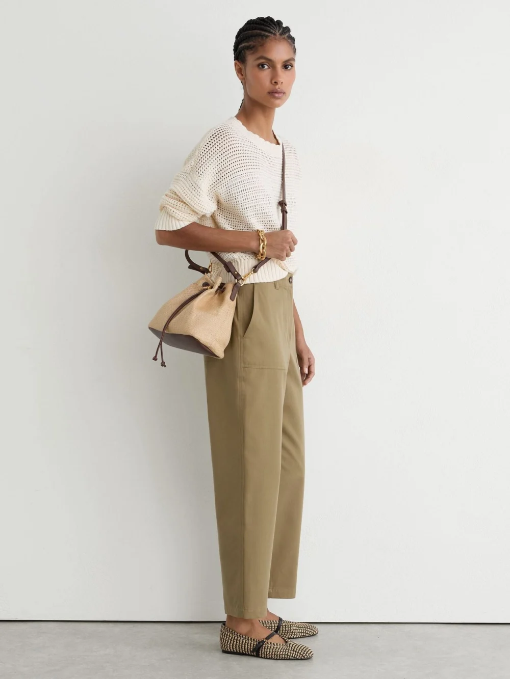 Reiss Natural & Black Raffia-effect Stripe Ballet Flats, view 4