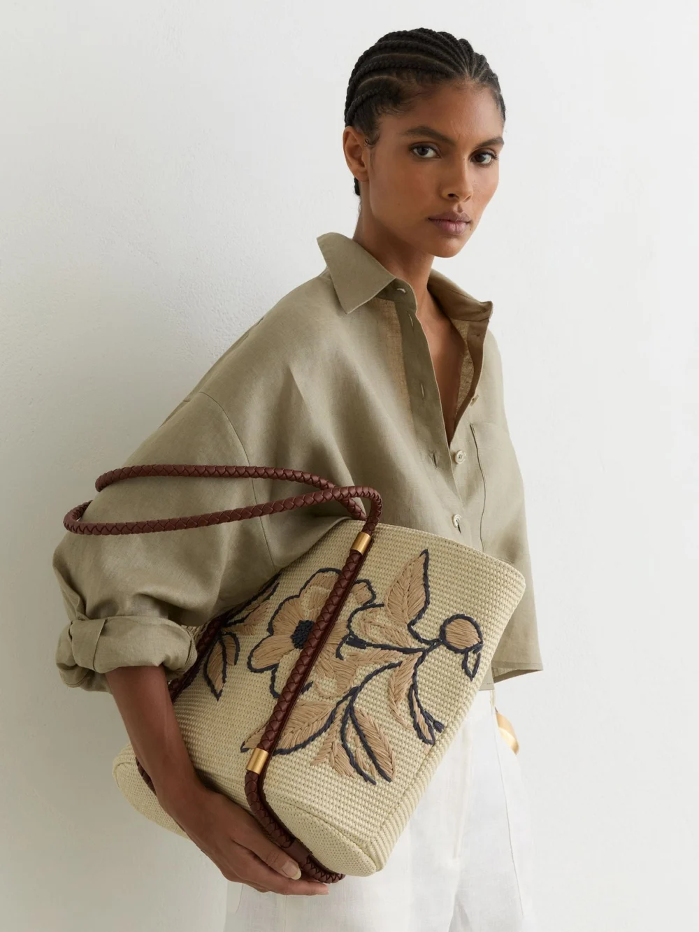 Reiss Natural Raffia-effect Embroidered Tote Bag,