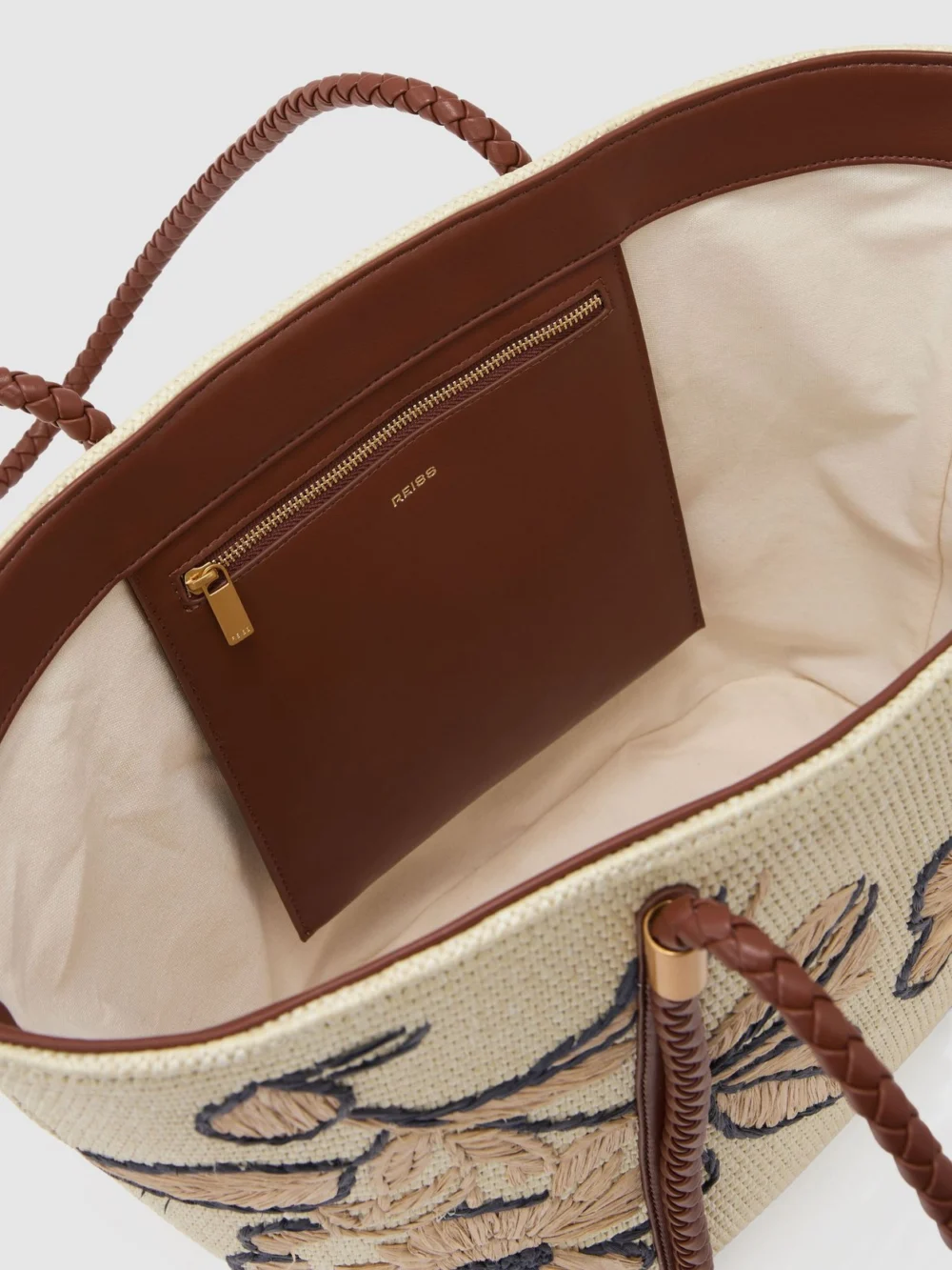 Reiss Natural Raffia-effect Embroidered Tote Bag,, view 4