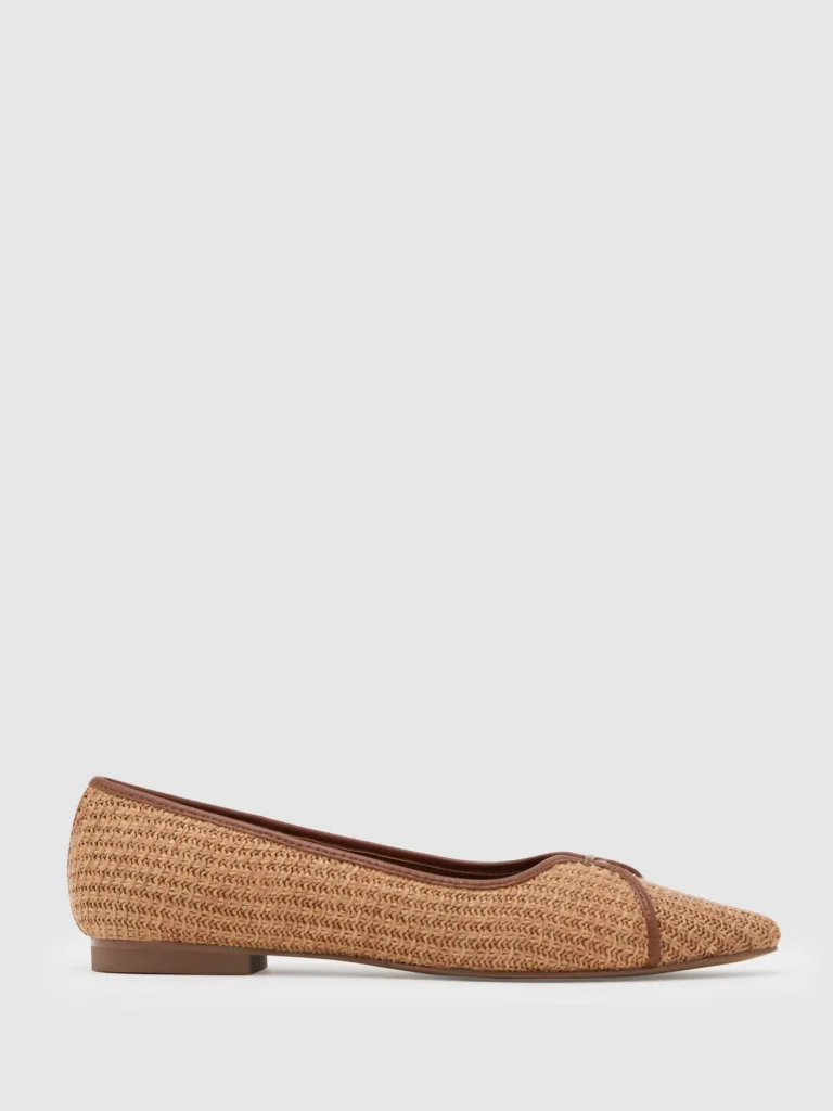 Reiss Natural Raffia-effect Pointed-toe Ballerina Shoes