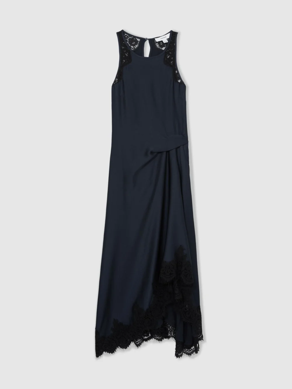 Reiss Navy & Black Lace Detail Satin Drape Midi Dress, view 2