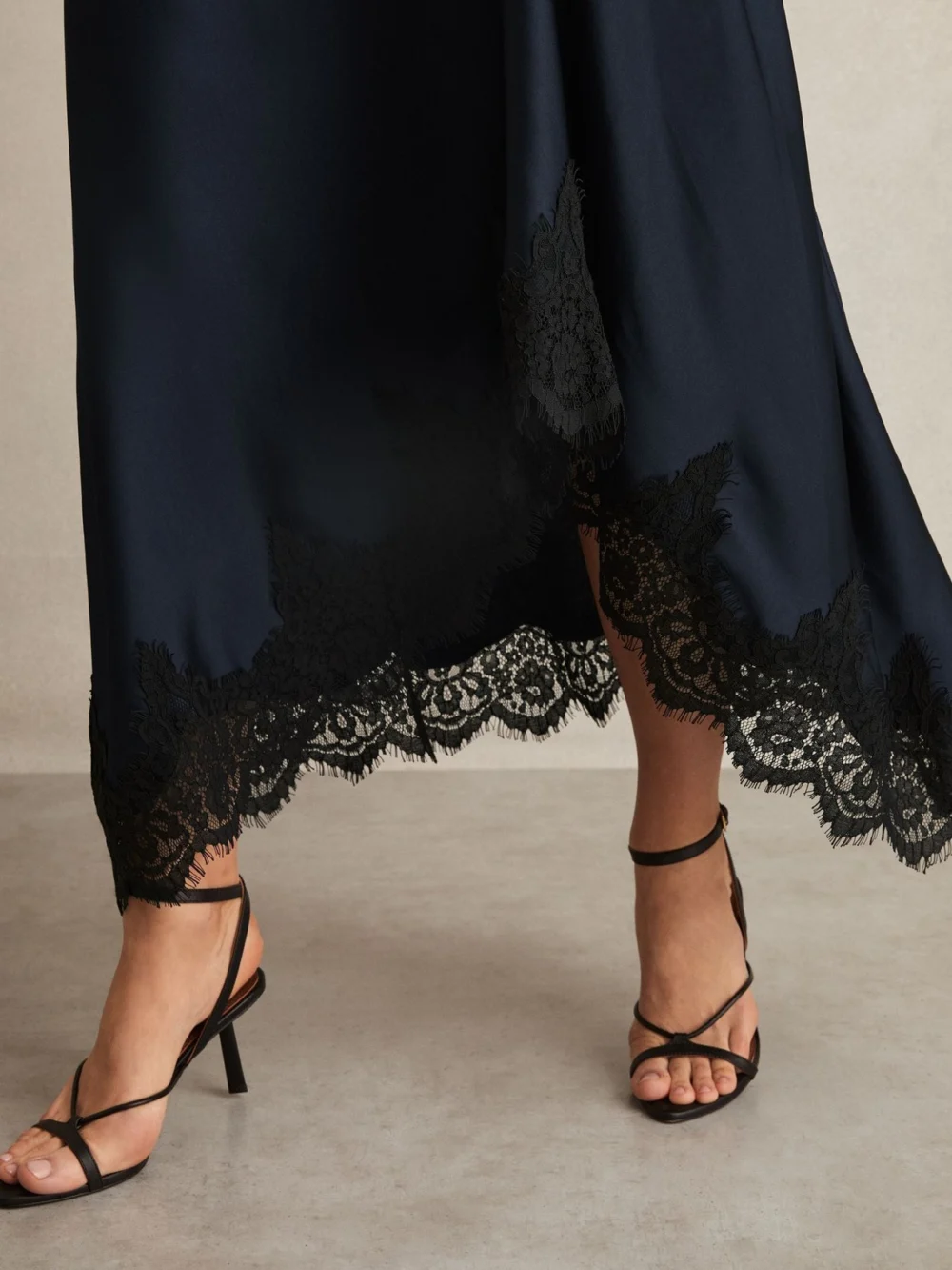 Reiss Navy & Black Lace Detail Satin Drape Midi Dress, view 3