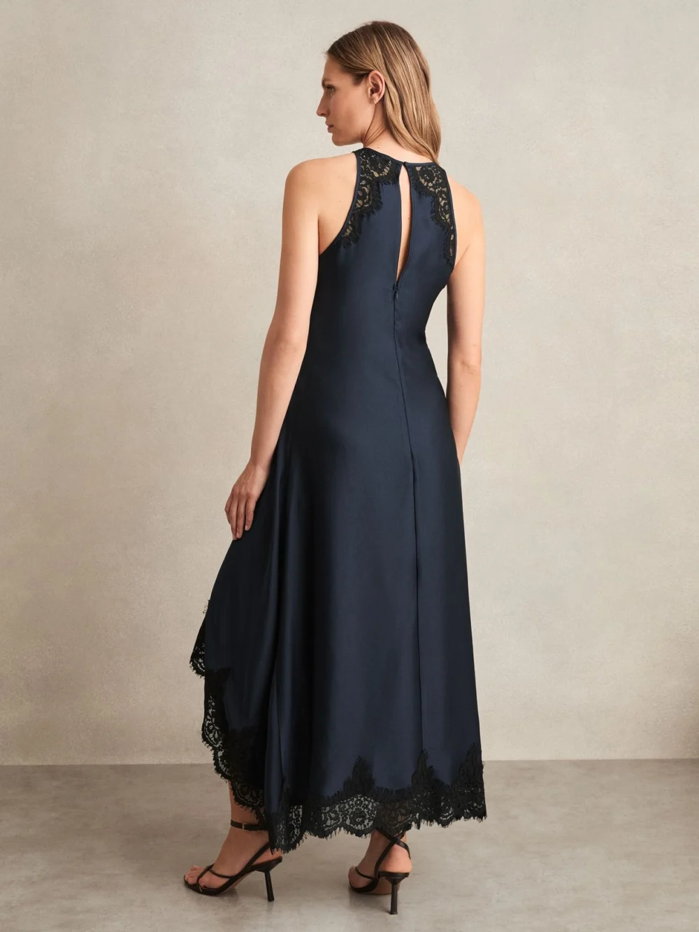 Reiss Navy & Black Lace Detail Satin Drape Midi Dress, view 4