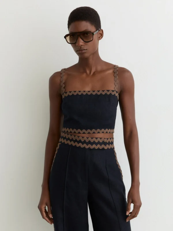 Reiss Navy & Brown Linen Wave-trim Cropped Cami Top