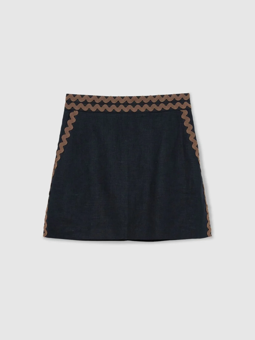 Reiss Navy & Brown Linen Wave-trim Mini Skirt, view 2