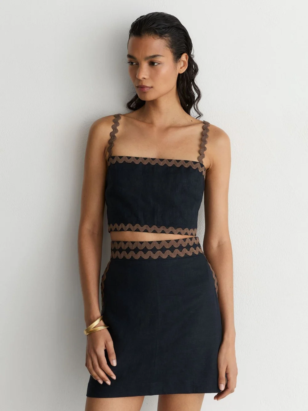 Reiss Navy & Brown Linen Wave-trim Mini Skirt, view 4