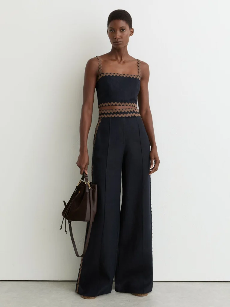 Reiss Navy & Brown Linen Wave-trim Wide-leg Trousers