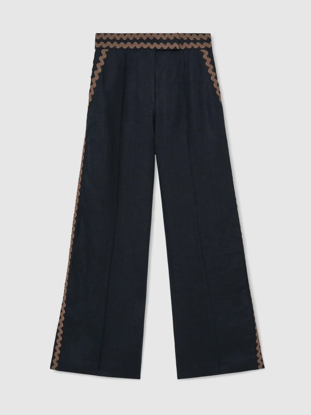 Reiss Navy & Brown Linen Wave-trim Wide-leg Trousers, view 2