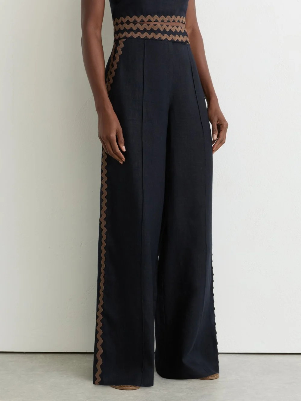 Reiss Navy & Brown Linen Wave-trim Wide-leg Trousers, view 4