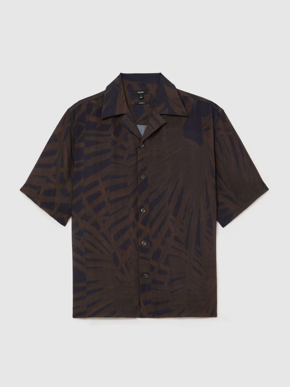 Reiss Navy & Brown Plissé Printed Cuban-collar Shirt, view 2