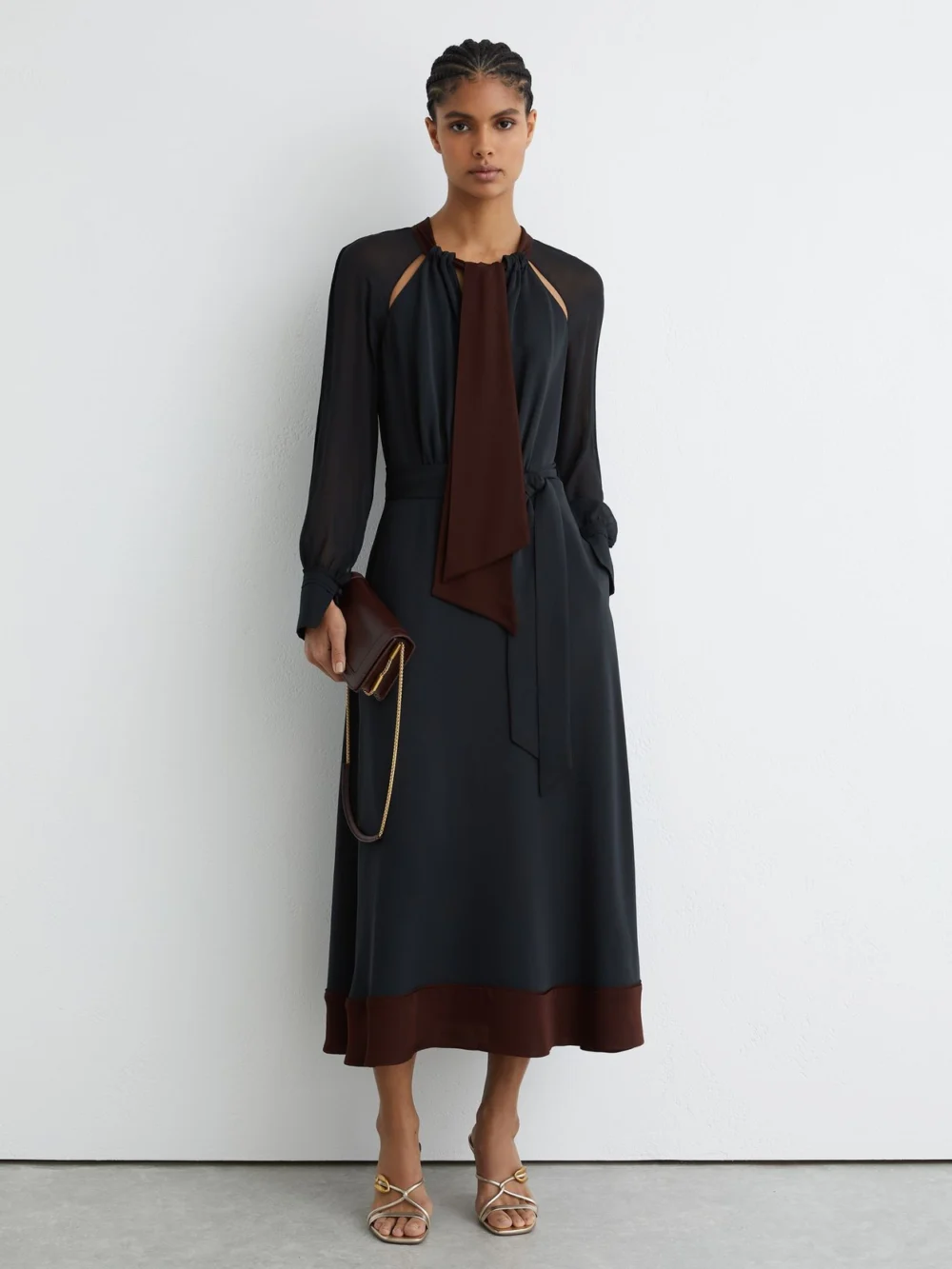 Reiss Navy & Burgundy Tie-neck Belted Midi Dress in navy/burgundy