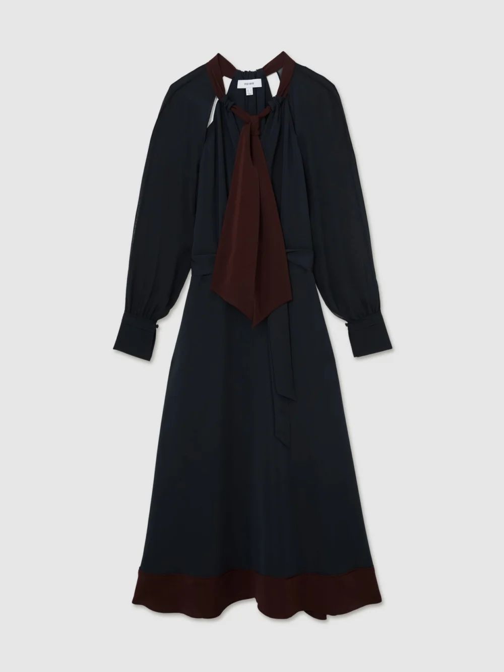 Reiss Navy & Burgundy Tie-neck Belted Midi Dress, view 2