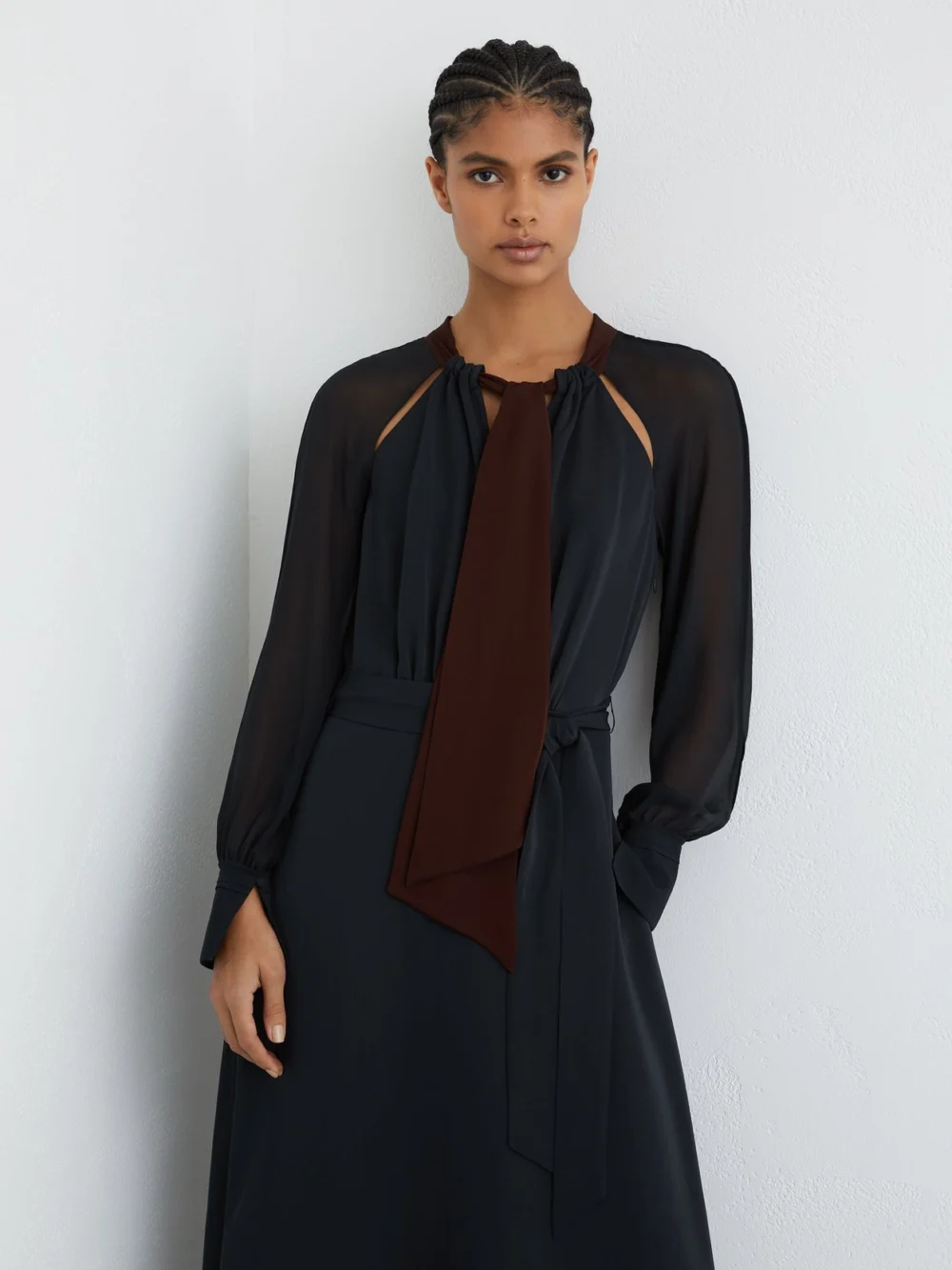 Reiss Navy & Burgundy Tie-neck Belted Midi Dress, view 4