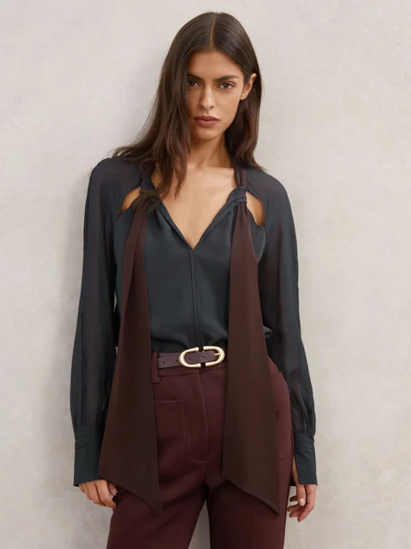 Reiss Navy & Burgundy Tie-neck Cut-out Blouse