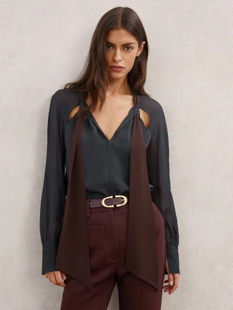 Reiss Navy & Burgundy Tie-neck Cut-out Blouse