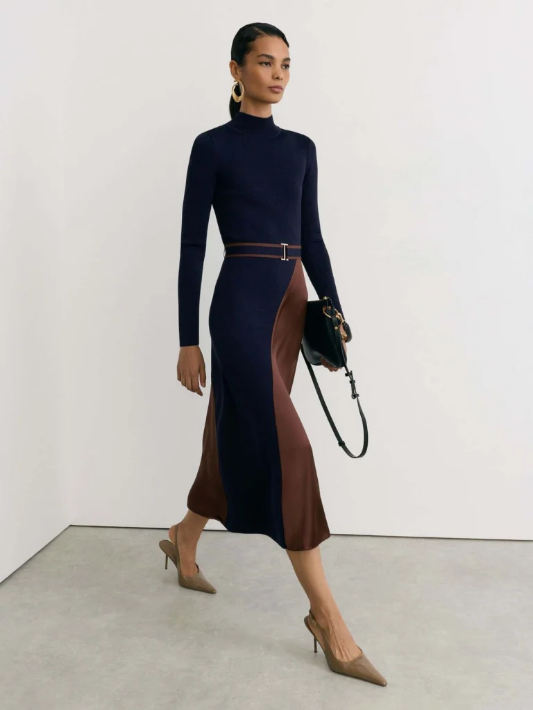 Reiss Navy & Camel Knitted Satin-panel Belted Midi Dress