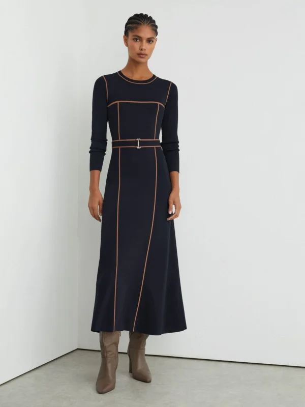 Reiss Navy & Camel Petite Colour-block Knitted Midi Dress
