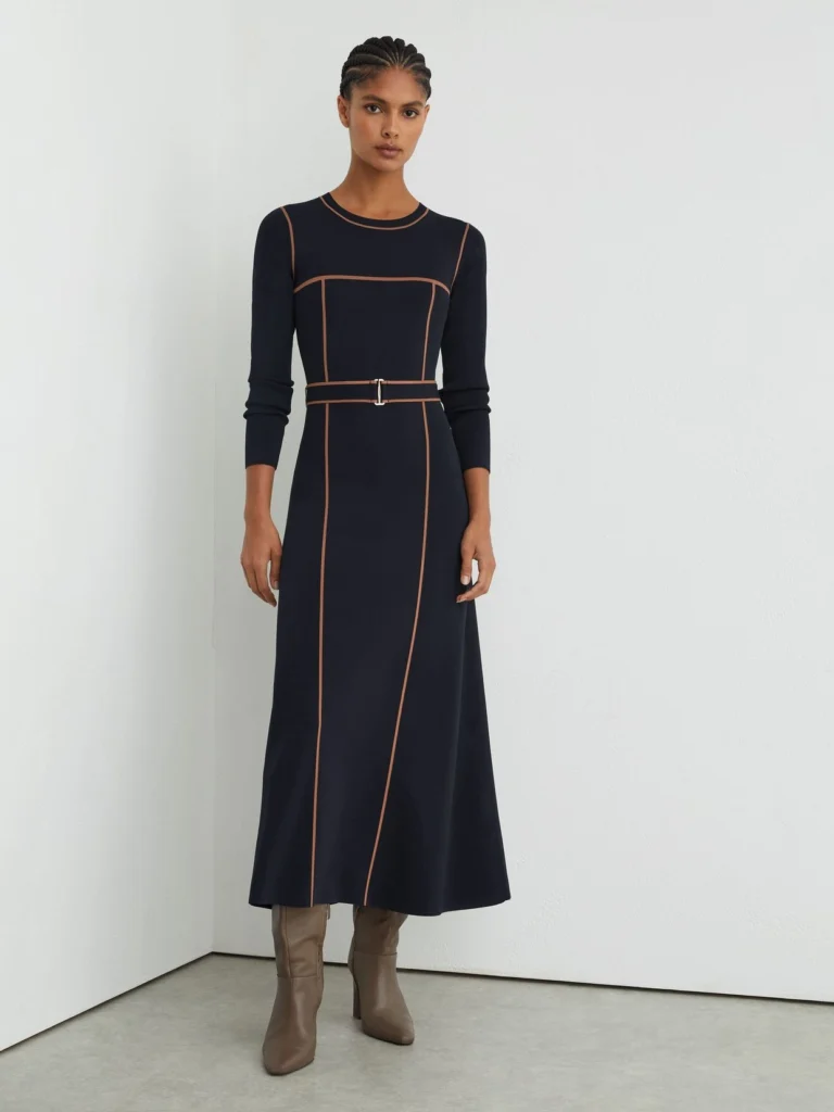 Reiss Navy & Camel Petite Colour-block Knitted Midi Dress