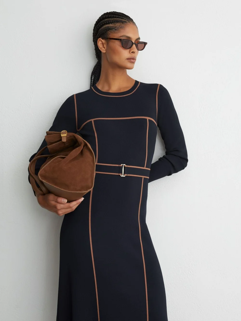 Reiss Navy & Camel Petite Colour-block Knitted Midi Dress, view 5