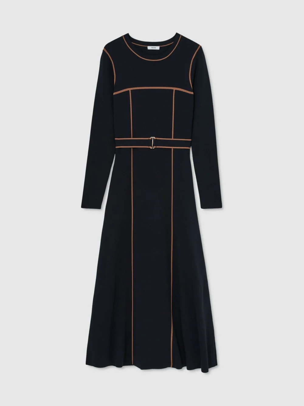 Reiss Navy & Camel Petite Colour-block Knitted Midi Dress, view 6