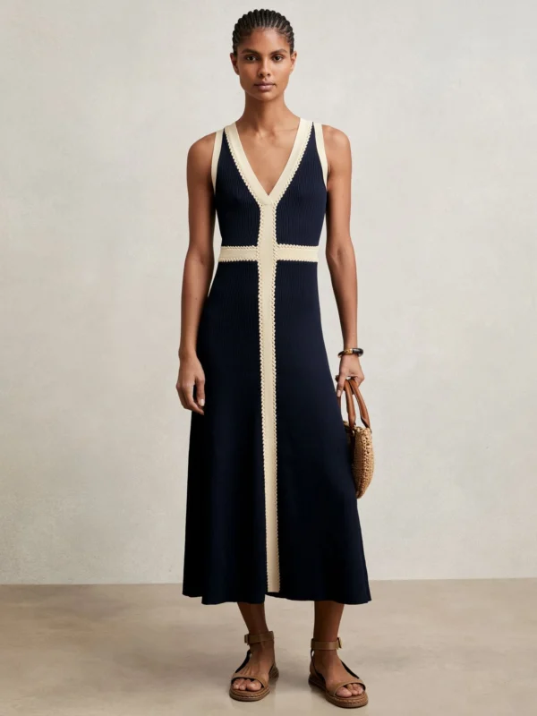 Reiss Navy & Cream Knitted Craft Stitch Midi Dress