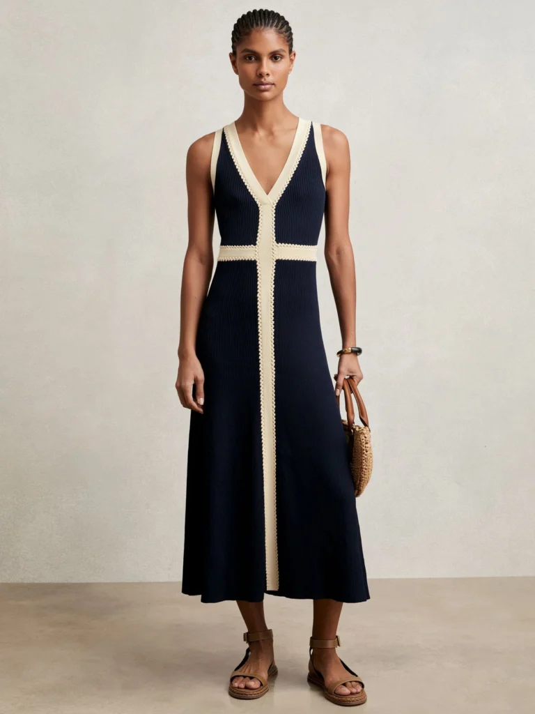 Reiss Navy & Cream Knitted Craft Stitch Midi Dress