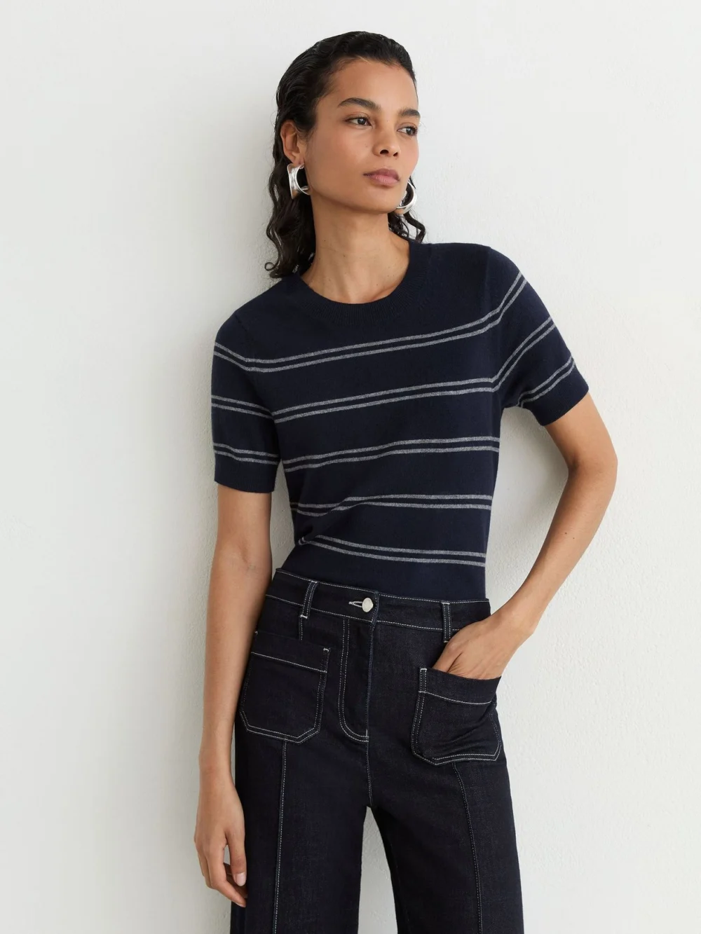 Reiss Navy & Grey Wool-blend Striped Knit Top with Cashmere in navy/grey