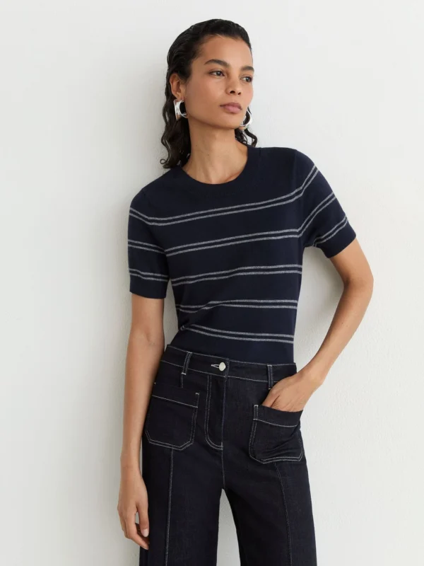 Reiss Navy & Grey Wool-blend Striped Knit Top with Cashmere