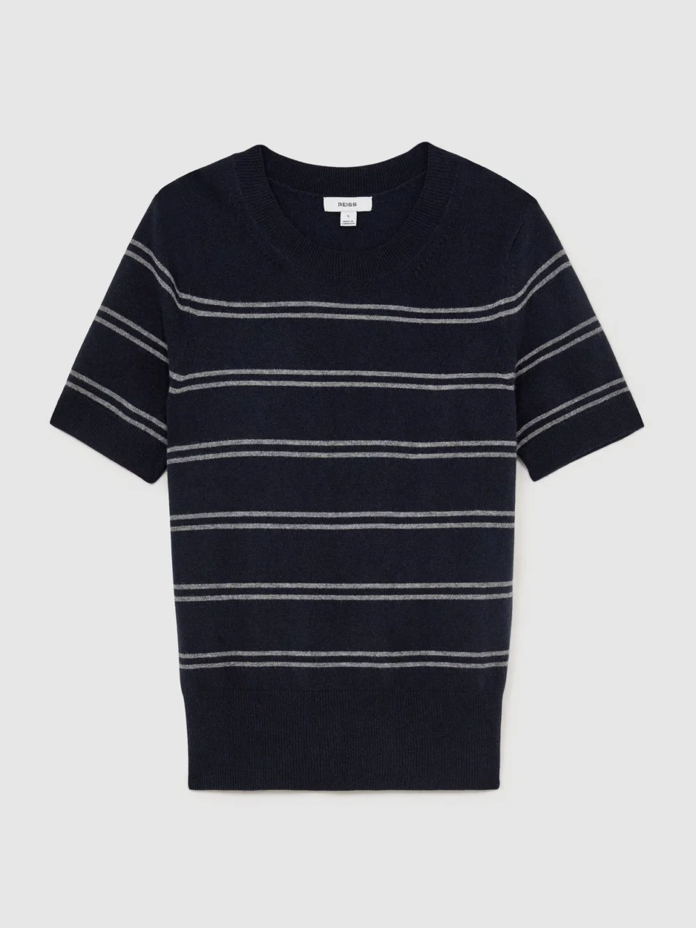 Reiss Navy & Grey Wool-blend Striped Knit Top with Cashmere, view 2