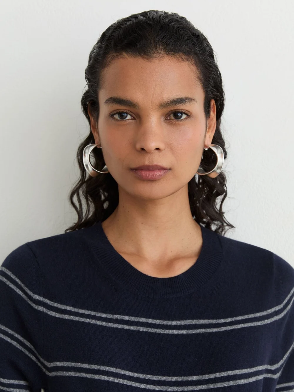 Reiss Navy & Grey Wool-blend Striped Knit Top with Cashmere, view 3