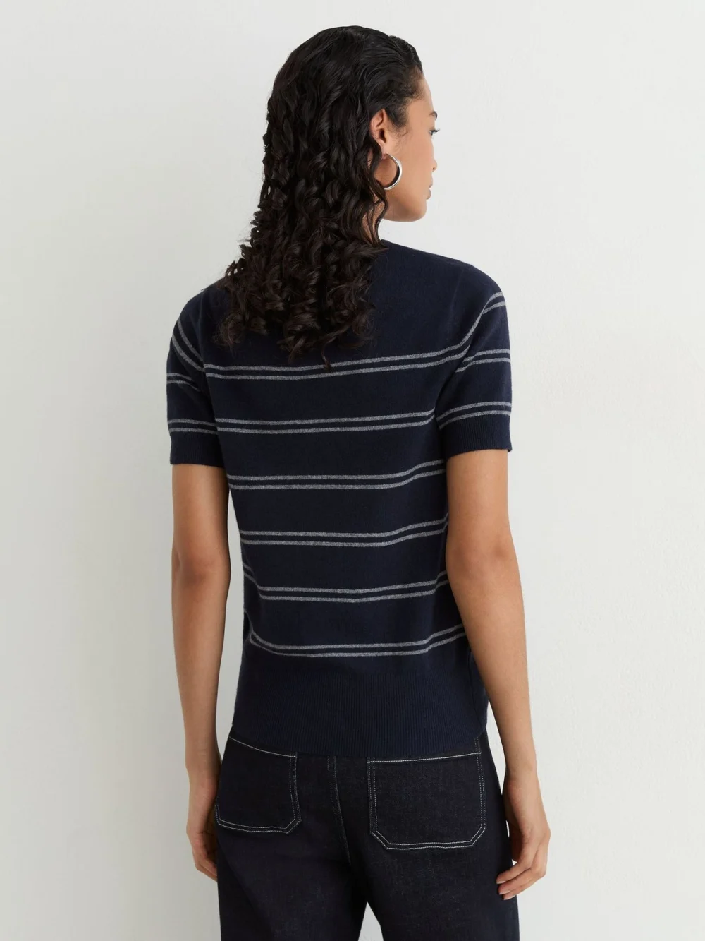 Reiss Navy & Grey Wool-blend Striped Knit Top with Cashmere, view 4