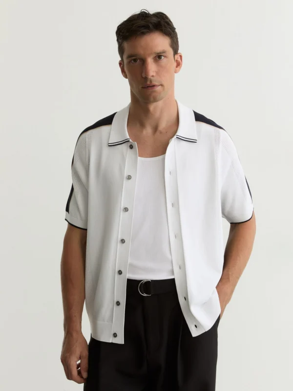 Reiss Navy & White Colour-block Knit Button-through Shirt