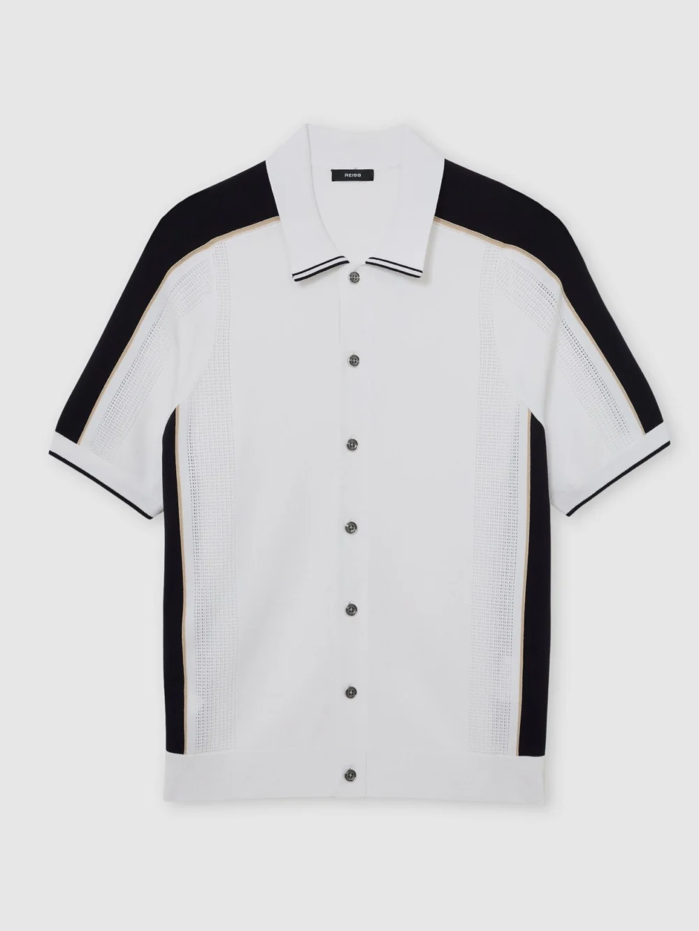 Reiss Navy & White Colour-block Knit Button-through Shirt, view 2