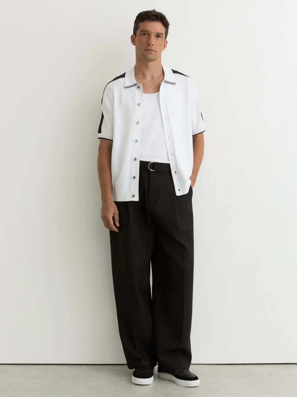 Reiss Navy & White Colour-block Knit Button-through Shirt, view 3