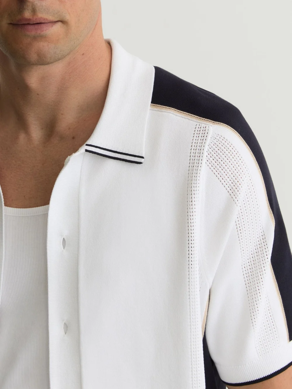 Reiss Navy & White Colour-block Knit Button-through Shirt, view 4