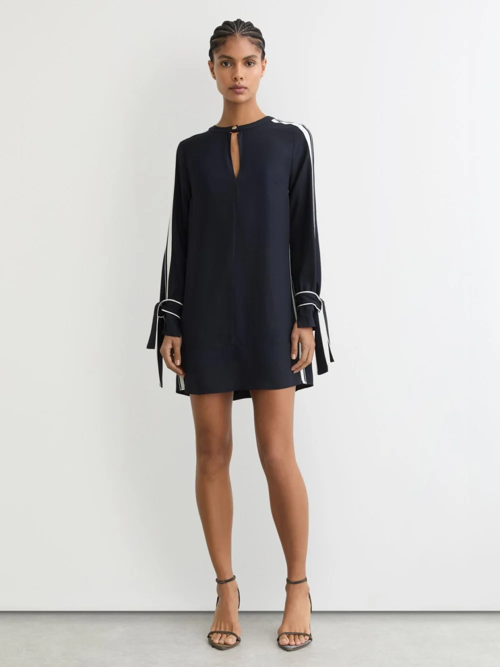 Reiss Navy & White Contrast Tipped Tie Cuff Shift Dress, view 3
