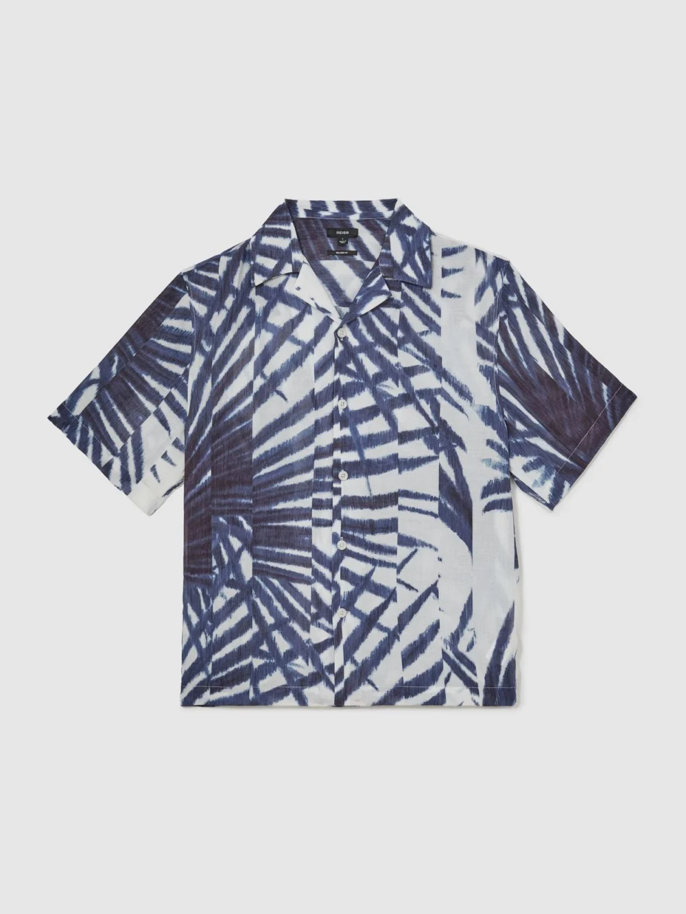 Reiss Navy & White Plissé Printed Cuban-collar Shirt, view 2