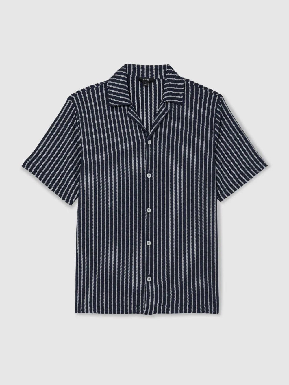 Reiss Navy & White Textured Stripe Cuban-collar Shirt, view 2