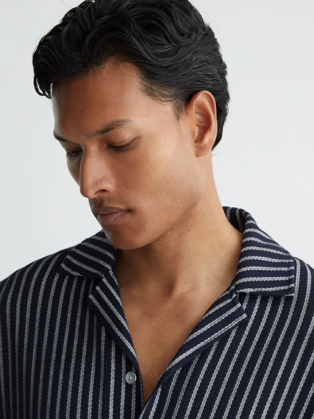 Reiss Navy & White Textured Stripe Cuban-collar Shirt, view 3