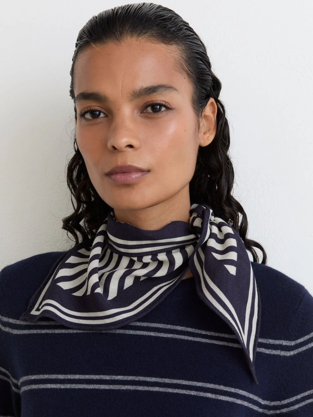 Reiss Navy & White Wool-silk Stripe Triangle Scarf,, view 2