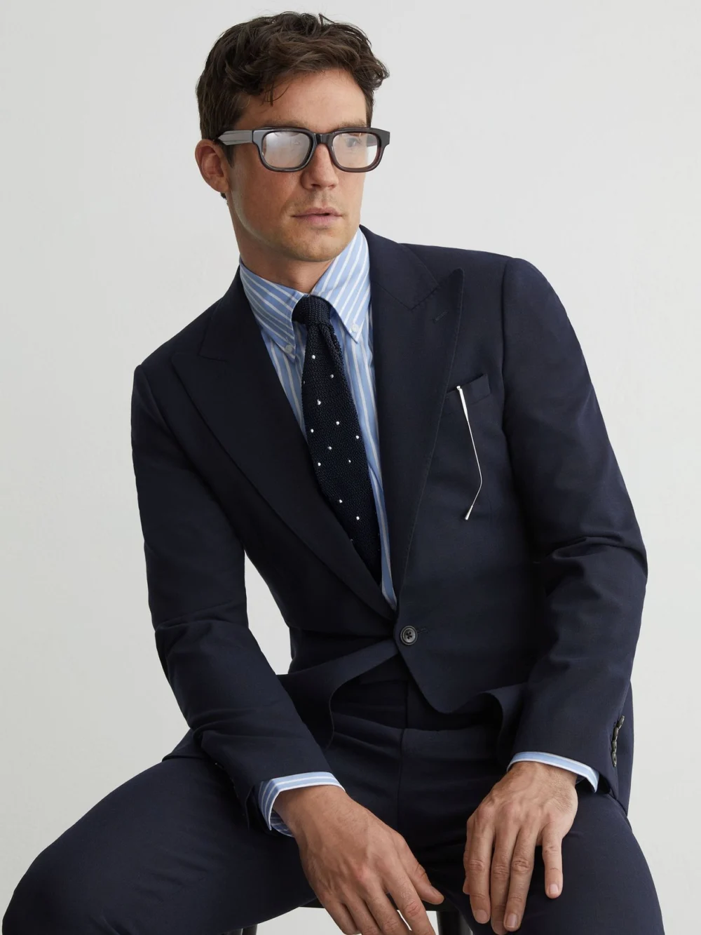 Reiss Navy Belmont Tailored Fit Single-breasted Textured Suit Blazer with Wool in 36, view 3