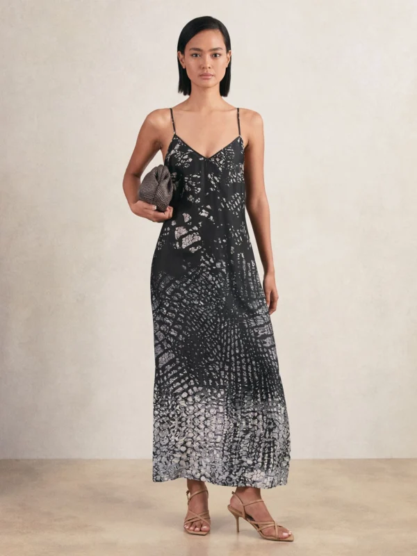 Reiss Navy Blue & White Abstract Print Maxi Slip Dress