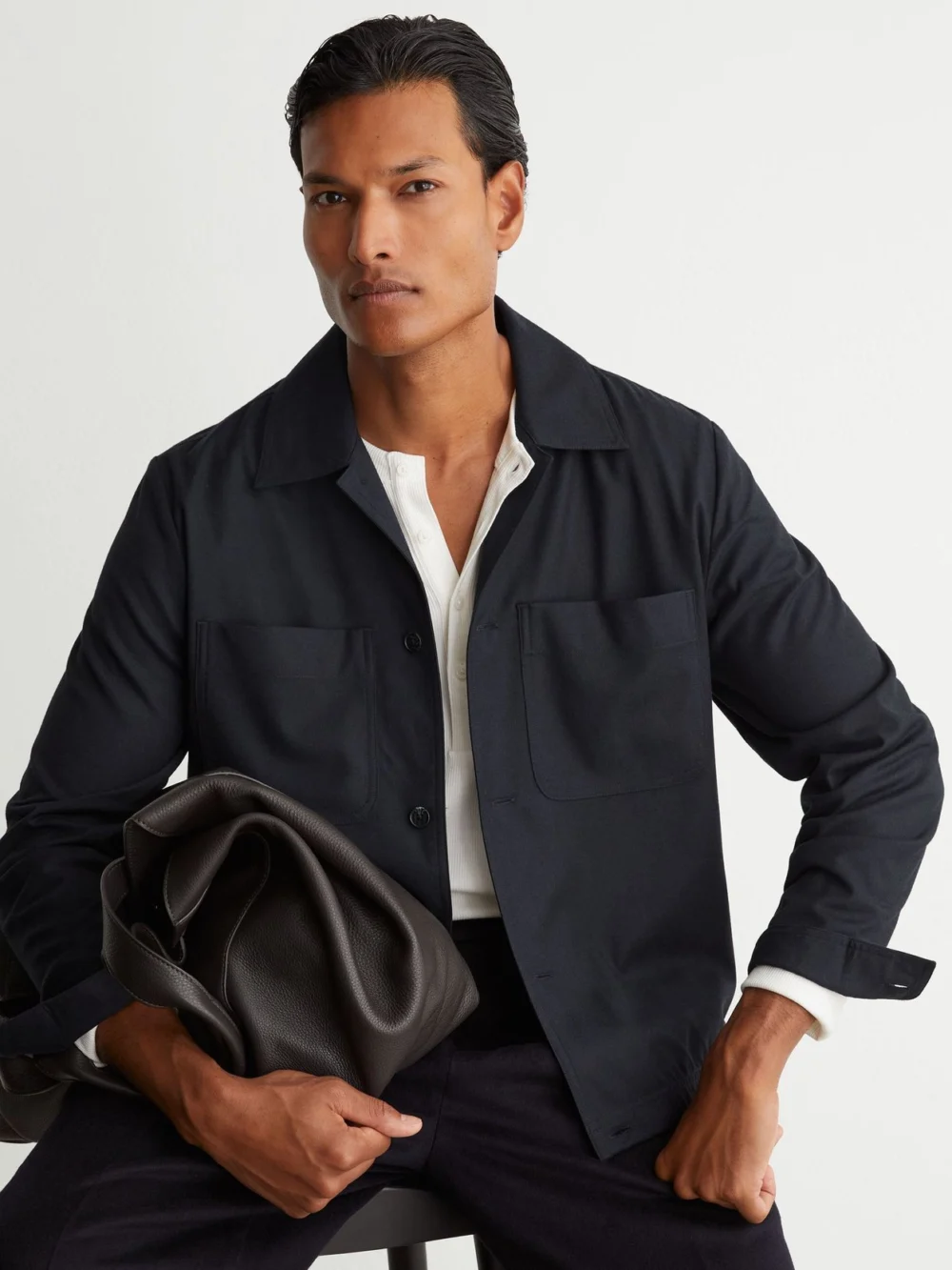 Reiss Navy Brushed Twin-pocket Overshirt with Wool