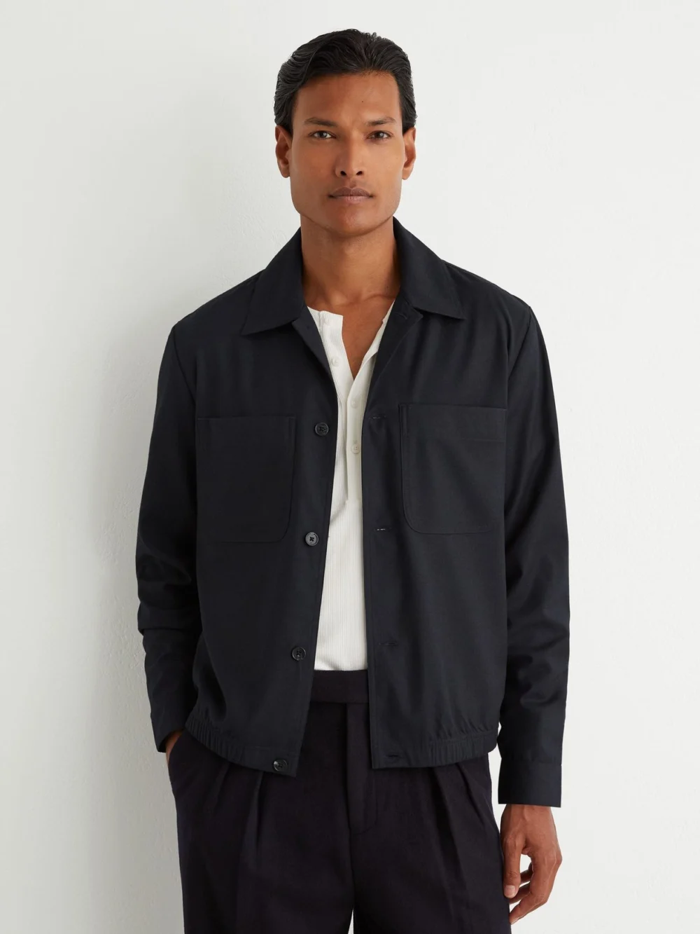 Reiss Navy Brushed Twin-pocket Overshirt with Wool, view 3