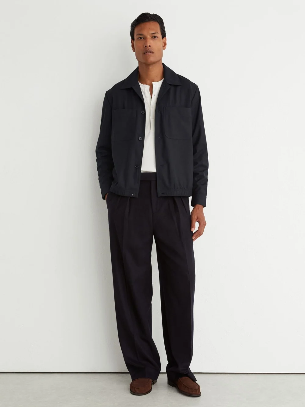 Reiss Navy Brushed Twin-pocket Overshirt with Wool, view 4