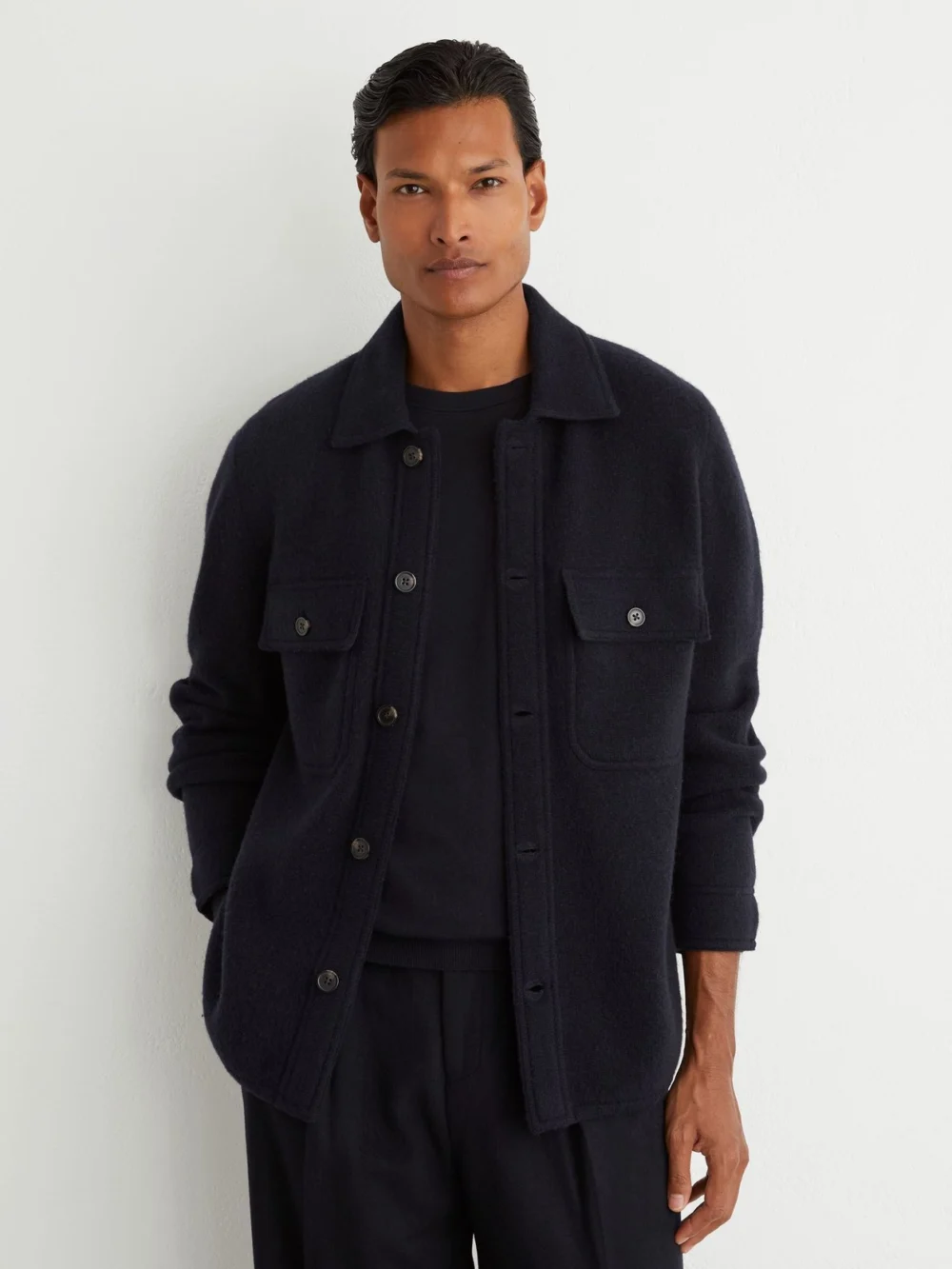 Reiss Navy Brushed Wool Button-through Relaxed Overshirt