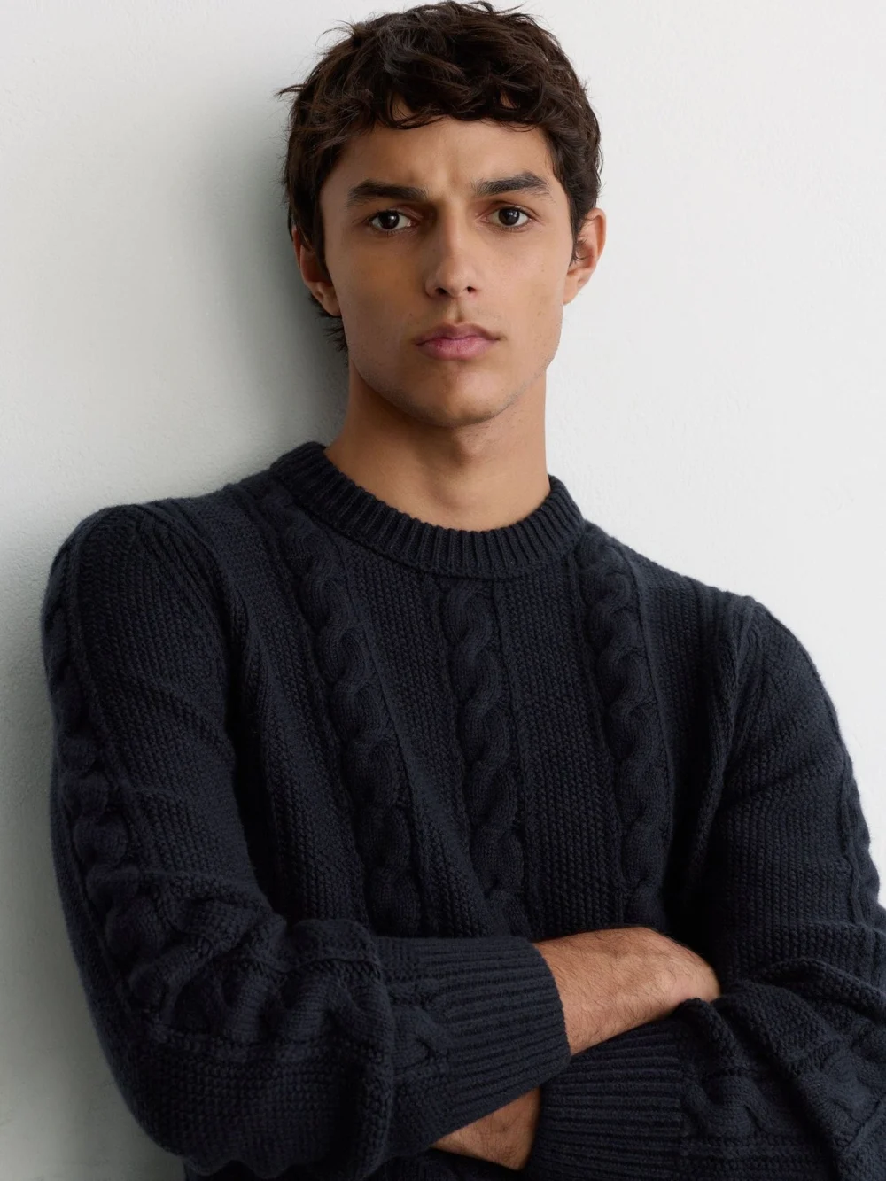 Reiss Navy Cable-knit Crew-neck Jumper with Wool