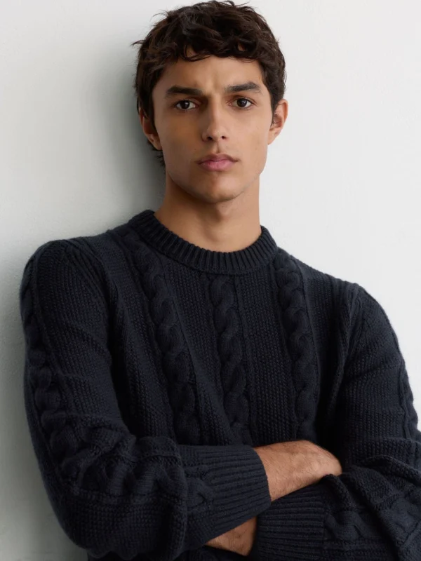 Reiss Navy Cable-knit Crew-neck Jumper with Wool
